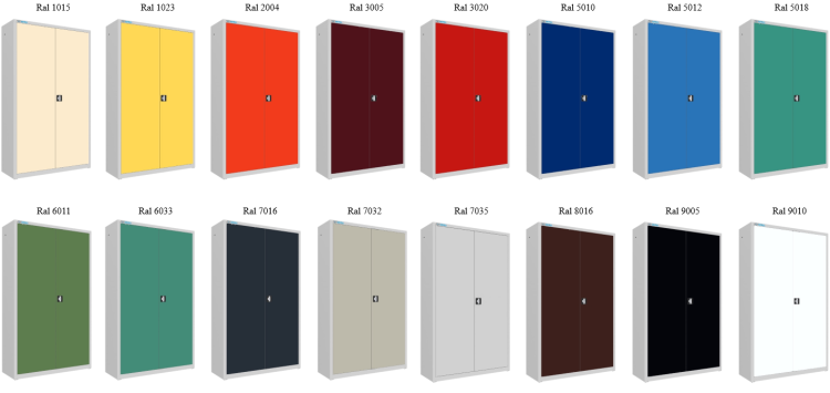 Galeria wariantów kolorystycznych metalowej szafy aktowej z drzwiami skrzydłowymi Sbm 215 M lx