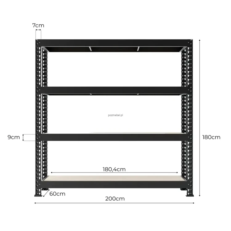 Schemat i dokładne wymiary czarnego regału Mega-Met 180x200x60 cm. Kup online z darmową dostawą i wysyłką 24h..webp