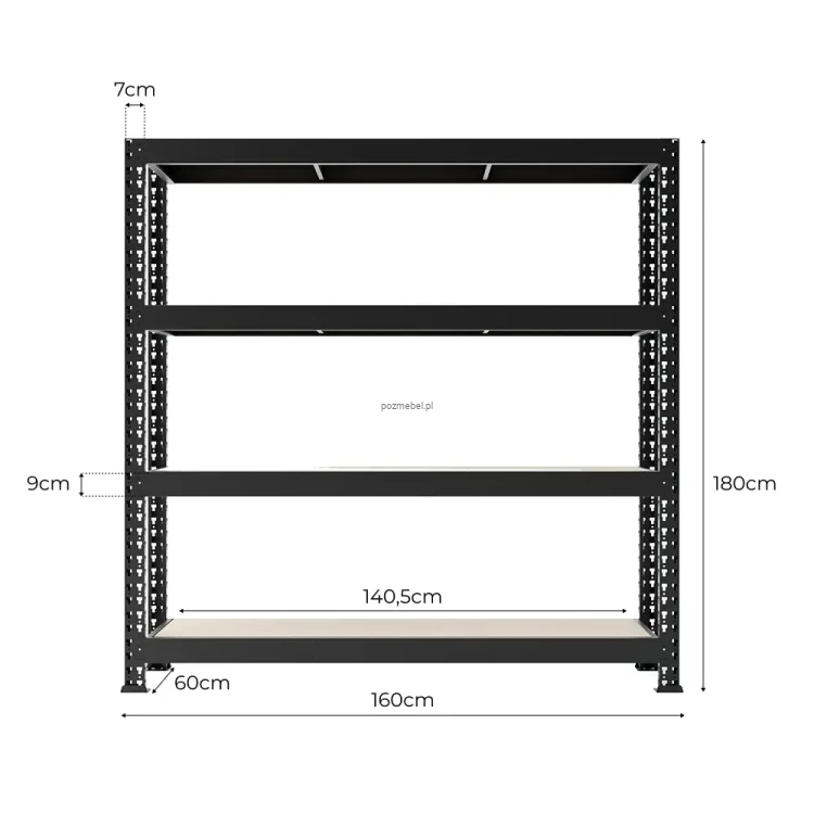 Schemat i dokładne wymiary regału Mega-Met 180x160x60 cm z półkami HDF. Kup online z darmową dostawą i wysyłką 24h.
