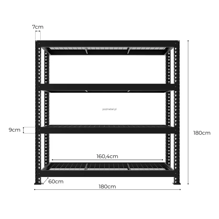 Schemat i dokładne wymiary regału Mega-Met 180x180x60 cm z półkami z kraty. Kup online z darmową dostawą i wysyłką 24h.
