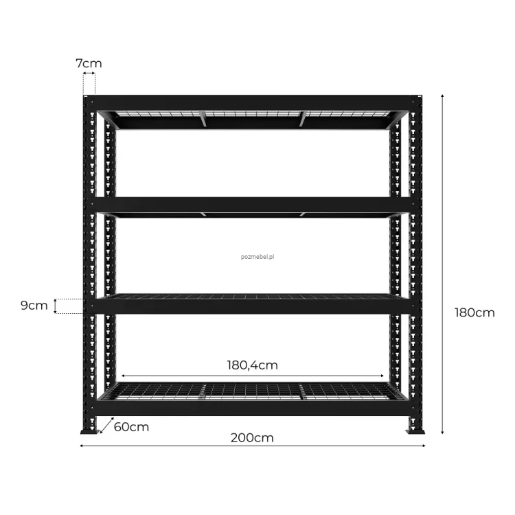 Schemat i dokładne wymiary regału Mega-Met 180x200x60 cm z półkami z kraty. Kup online z darmową dostawą i wysyłką 24h.