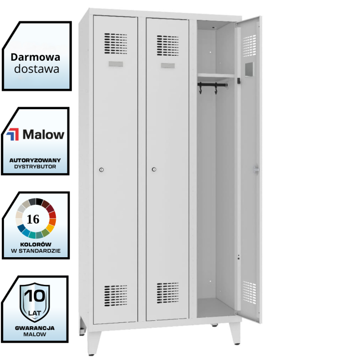 Szafa ubraniowa metalowa trzydrzwiowa na nóżkach Sum 331 W Malow - zamek cylindryczny zamykany w jednym punkcie z darmową dostawą