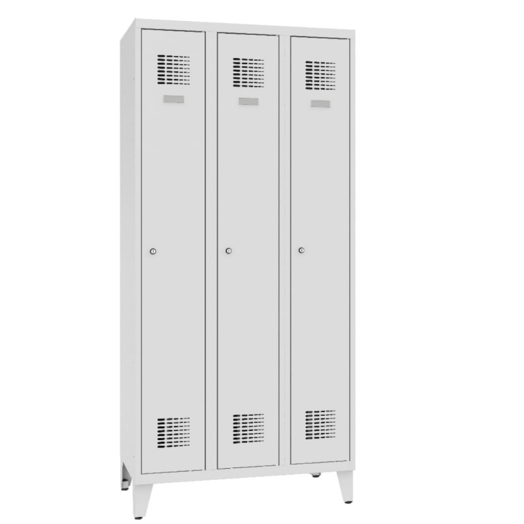 Zamknięta szafa ubraniowa metalowa trzydrzwiowa na nóżkach Sum 331 W Malow - zamek cylindryczny zamykany w jednym punkcie