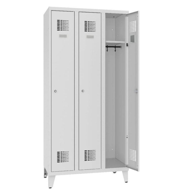 Otwarta szafa ubraniowa metalowa trzydrzwiowa na nóżkach Sum 331 W Malow - zamek cylindryczny zamykany w jednym punkcie