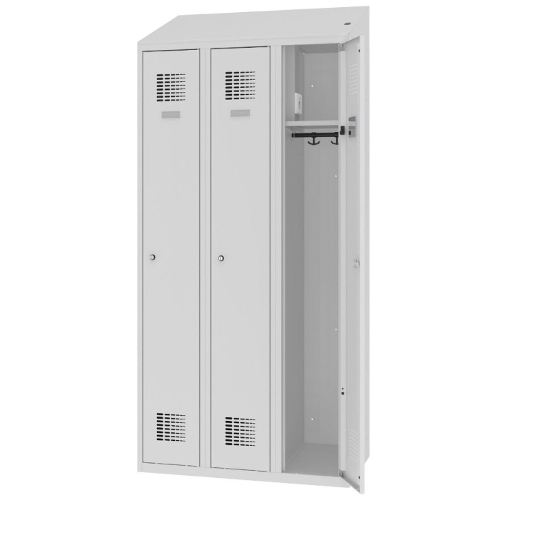 Otwarta szafa socjalna ubraniowa trzydzielna MSum 330v z gniazdkiem elektrycznym i daszkiem z darmową dostawą