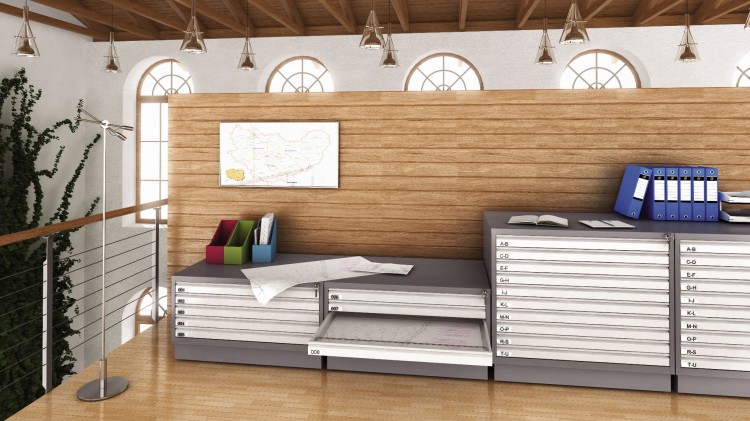 Wizualizacja szaf do przechowywania rysunków i map w różnych formatach