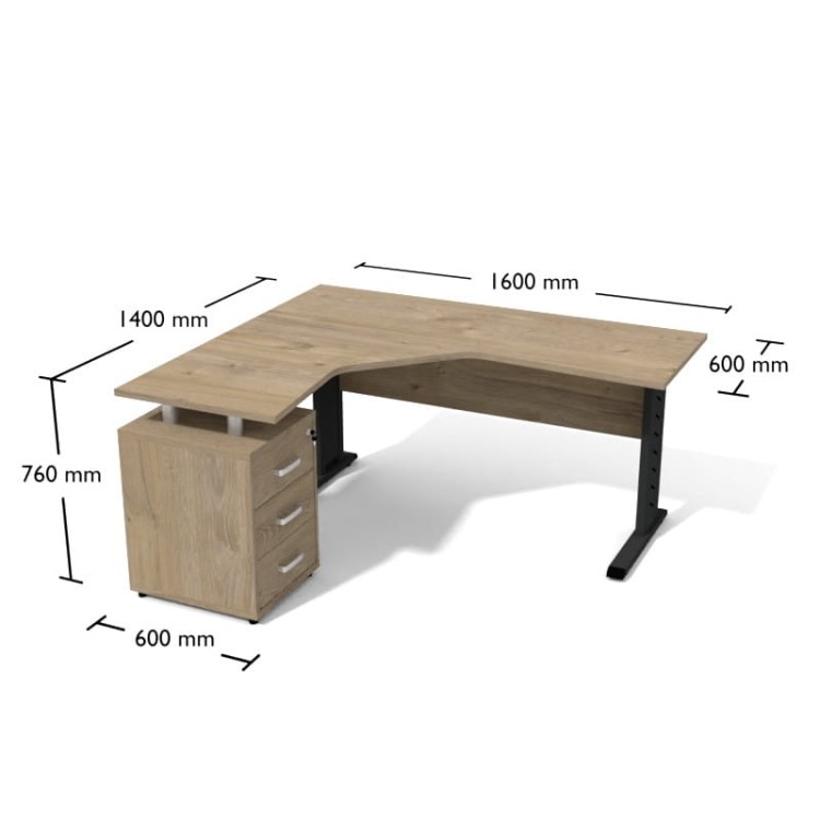 Biurko narożne z kontenerkiem 1600/600 × 1400/600 Dąb Coastland/Grafit (Opentech) z darmową dostawą