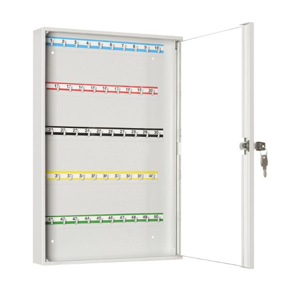 Otwarta szafka na klucze SK 50/S popielata RAL 7035 Leomar – przeszklona na 50 kluczy