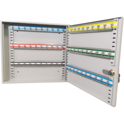 Otwarta metalowa szafka na klucze SKR 60 popielata RAL 7035 Leomar – ruchome haczyki 60 kluczy