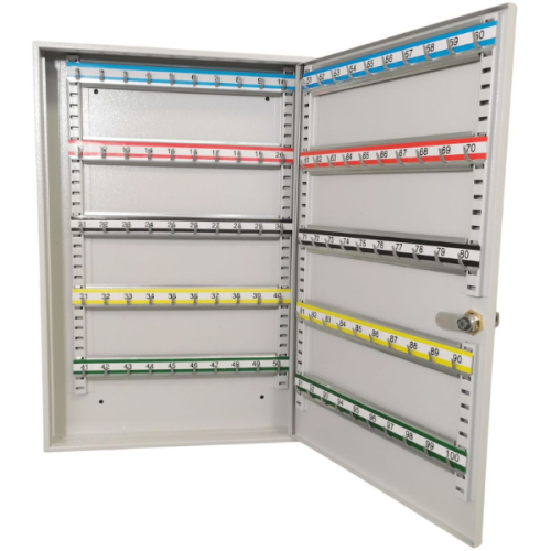 Otwarta metalowa szafka na klucze SKR 100 popielata RAL 7035 Leomar – regulowana 100 kluczy