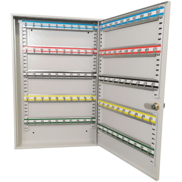 Otwarta metalowa szafka na klucze SKR 100 popielata RAL 7035 Leomar – regulowana 100 kluczy