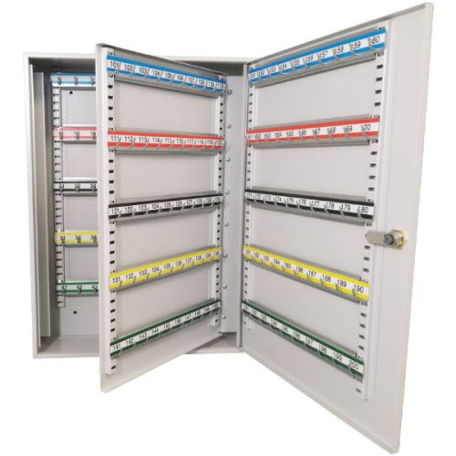 Otwarta metalowa szafka na klucze SKR 200 popielata RAL 7035 Leomar – regulowana 200 kluczy