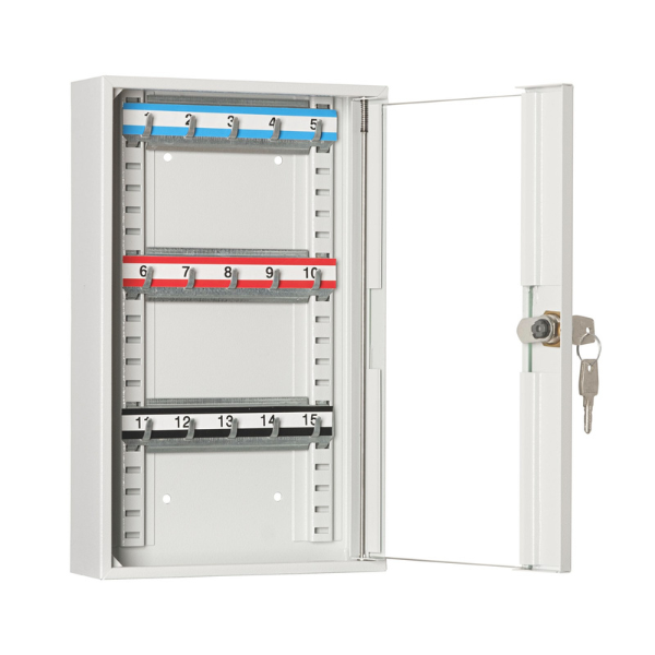 Otwarta metalowa przeszklona szafka na klucze SKR 15/S popielata RAL 7035 Leomar – szafka na 15 kluczy