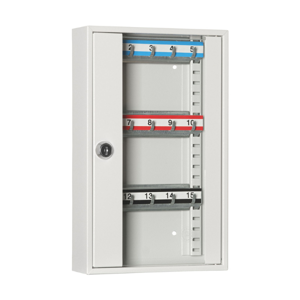Zamknięta metalowa przeszklona szafka na klucze SKR 15/S popielata RAL 7035 Leomar – szafka na 15 kluczy