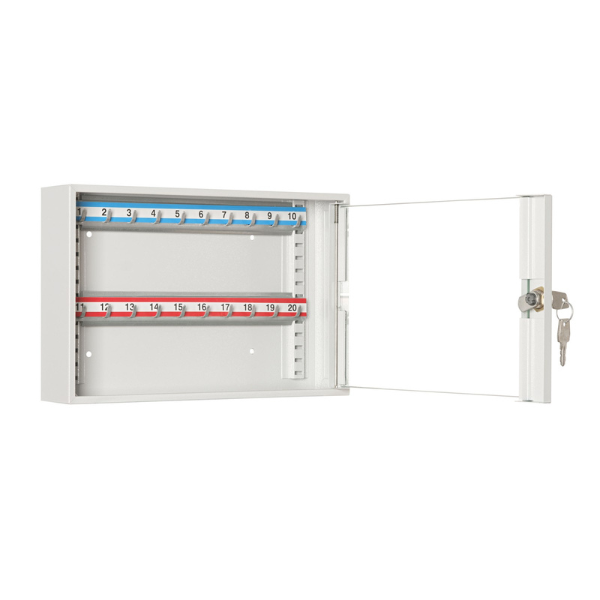 Otwarta metalowa przeszklona szafka na klucze SKR 20/S popielata RAL 7035 Leomar – szafka na 20 kluczy