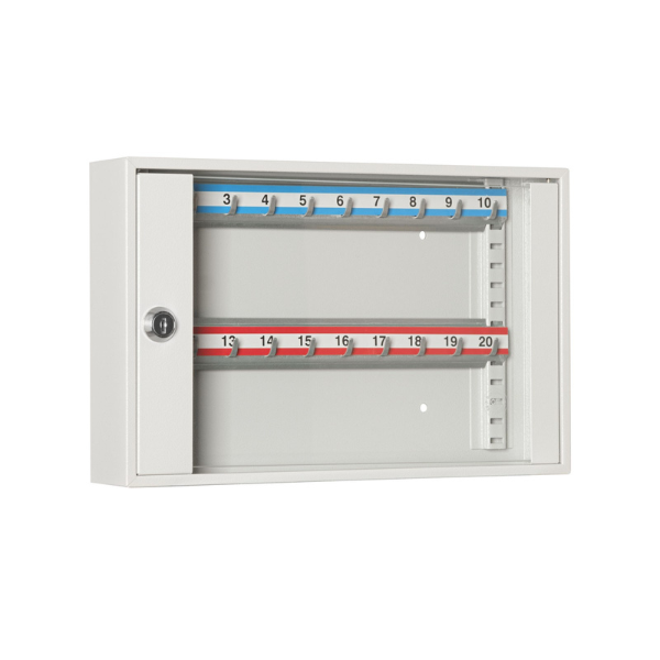 Zamknięta metalowa przeszklona szafka na klucze SKR 20/S popielata RAL 7035 Leomar – szafka na 20 kluczy