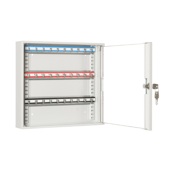 Otwarta metalowa przeszklona szafka na klucze SKR 30/S popielata RAL 7035 Leomar – szafka na 30 kluczy