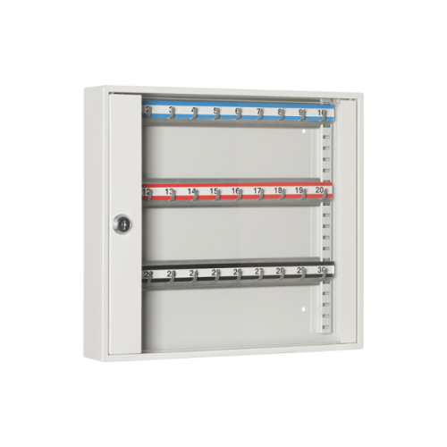 Zamknięta metalowa przeszklona szafka na klucze SKR 30/S popielata RAL 7035 Leomar – szafka na 30 kluczy