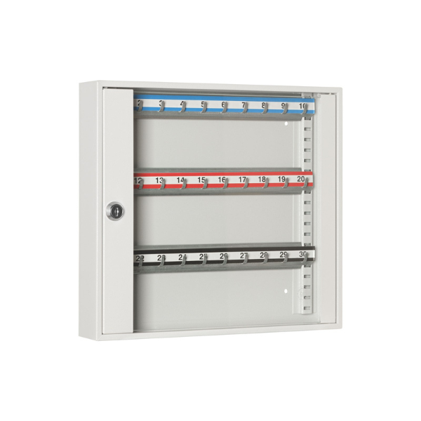 Zamknięta metalowa przeszklona szafka na klucze SKR 30/S popielata RAL 7035 Leomar – szafka na 30 kluczy
