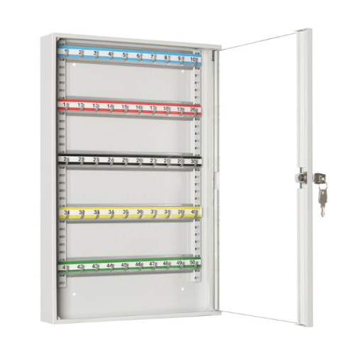 Otwarta metalowa przeszklona szafka na klucze SKR 50/S popielata RAL 7035 Leomar – metalowa szafka na 50 kluczy