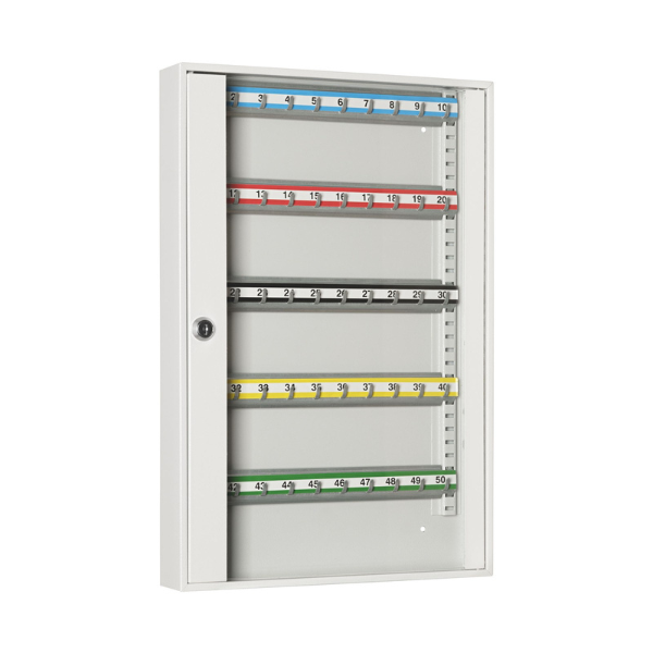 Zamknięta metalowa przeszklona szafka na klucze SKR 50/S popielata RAL 7035 Leomar – metalowa szafka na 50 kluczy