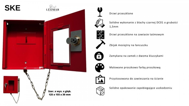 Cechy charakterystyczmne czerwonej szafki metalowej na klucz ewakuacyjny SKE