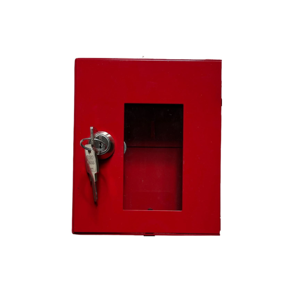 Zamknięta metalowa szafka na klucz ewakuacyjny SKE/BZ czerwona RAL 3020 Leomar – bez zbijaka