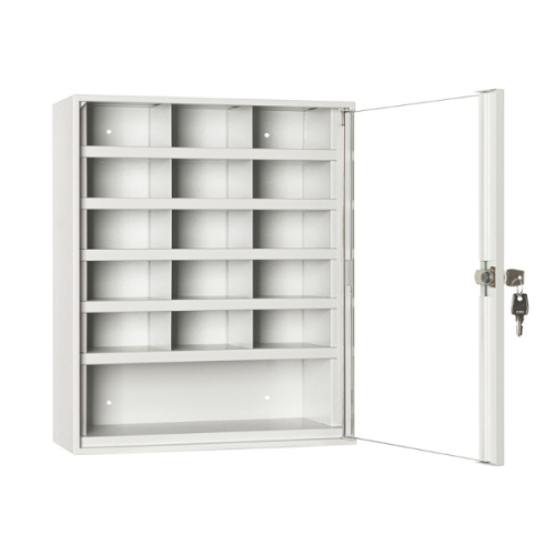 Otwarta metalowa szafka przegródkowa SP 16/S popielata z drzwiami przeszklonymi Leomar