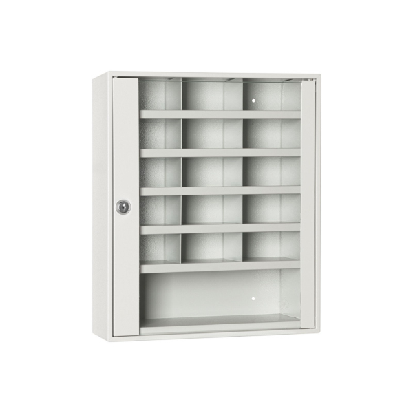 Zamknięta szafka przegródkowa SP 16/S popielata z drzwiami przeszklonymi Leomar