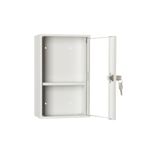 Otwarta apteczka metalowa AP1/S przeszklona RAL 7035 Leomar – 1 półka