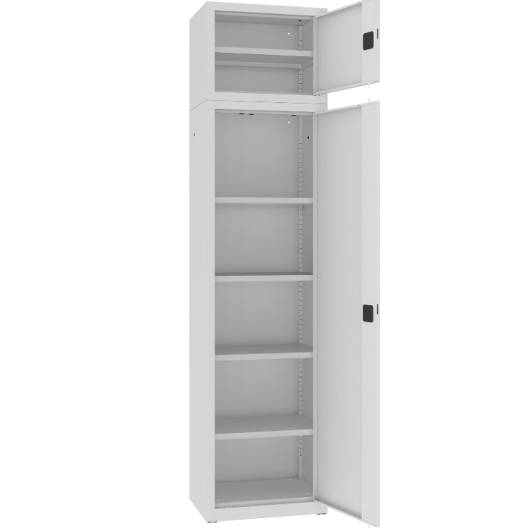 Otwarta szafa aktowa z drzwiami skrzydłowymi z nadstawką SBM