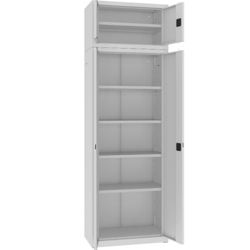 Otwarta szafa aktowa z drzwiami skrzydłowymi z nadstawką SBM