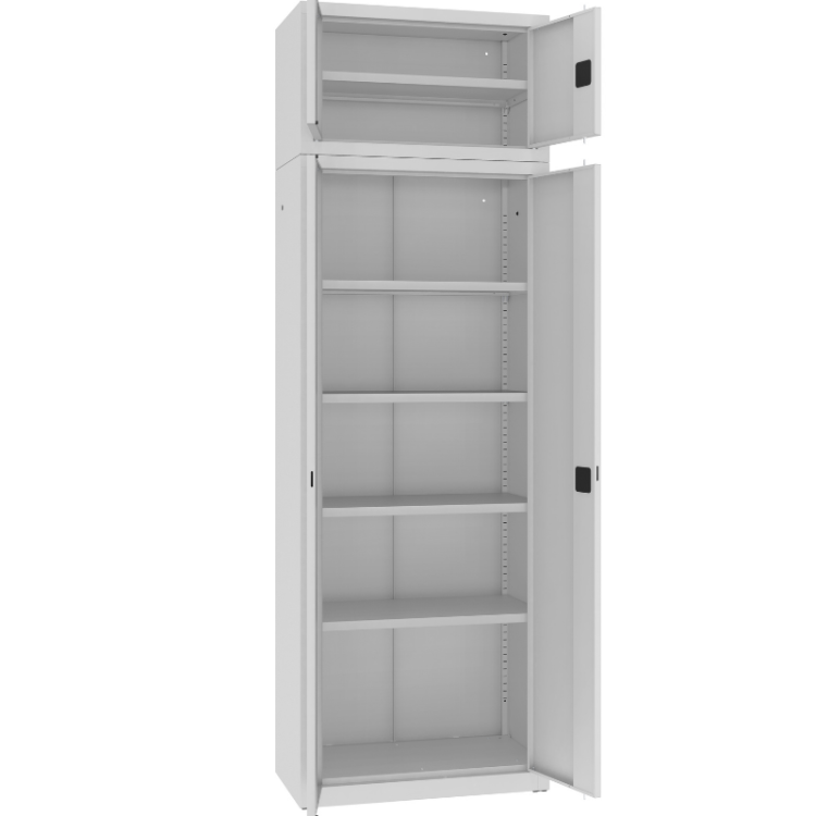 Otwarta szafa aktowa z drzwiami skrzydłowymi z nadstawką SBM