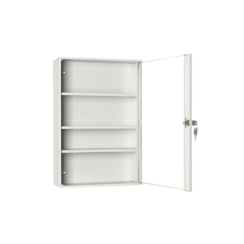 Otwarta apteczka metalowa AP3/S przeszklona RAL 7035 Leomar – 3 półki