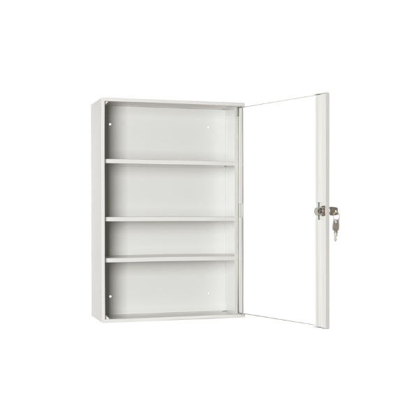 Otwarta apteczka metalowa AP3/S przeszklona RAL 7035 Leomar – 3 półki
