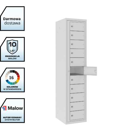 Wąska szafa gospodarcza BHP 11 skrytek na odzież roboczą czystą Malow 1800x400x500 mm