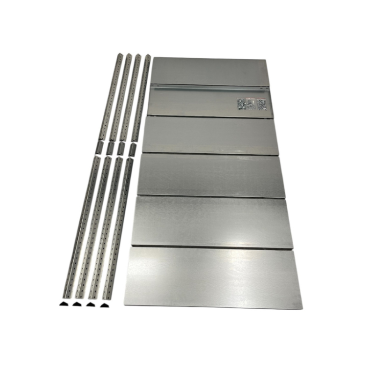 Zestaw regału do garażu RGOS E zawiera 6 półek ocynkowanych, słupy konstrukcyjne 40x40 mm oraz komplet śrub montażowych. Regał metalowy skręcany do samodzielnego montażu.