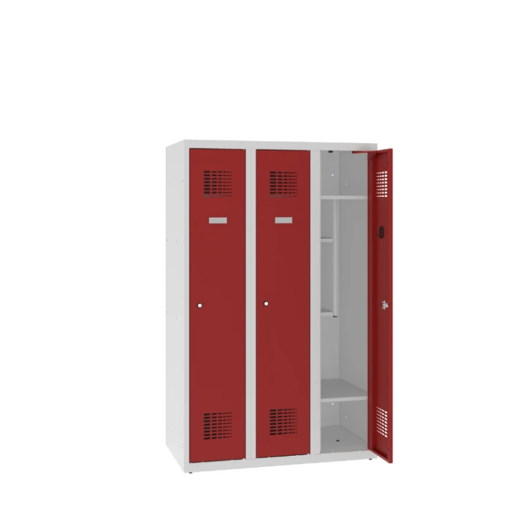 Otwarta metalowa szafka szkolna ubraniowa MSUM 330S – trzydrzwiowa 1450 mm z półką na buty i książki z darmową dostawą