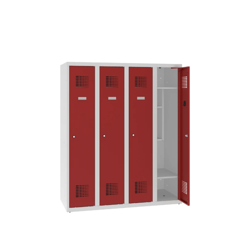 Otwarta metalowa szafka szkolna ubraniowa MSUM 340S – czterodrzwiowa 1450 mm z półką na buty i książki z darmową dostawą