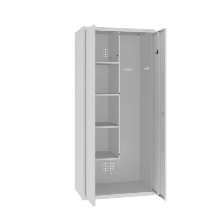 Otwarta popielata szeroka szafa gospodarcza MSU 82 na środki czystości od ręki RAL 7035 1800x800x500 mm od ręki z darmową dostawą