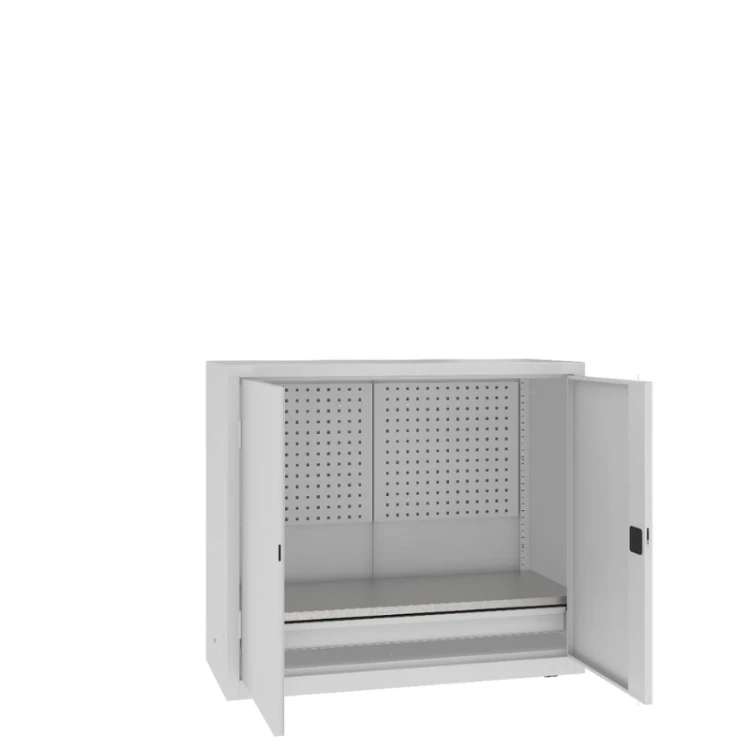 Otwarta szafa warsztatowa narzędziowa MSW112/5-32 Malow 1040x1200x500 mm – niska szeroka szafa metalowa z półką, szufladą i ścianką narzędziową