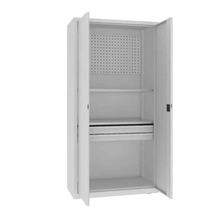 Otwarta szafa warsztatowa narzędziowa MSW210/5-18 Malow 1990x1000x500 mm – wysoka szafa metalowa z 2 półkami, blokiem 2 szuflad i ścianką narzędziową z darmową dostawą
