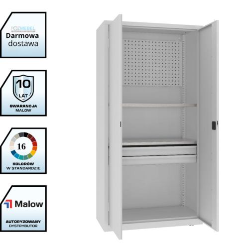 Szafa warsztatowa narzędziowa MSW210/5-18 Malow 1990x1000x500 mm – wysoka szafa metalowa z 2 półkami, blokiem 2 szuflad i ścianką narzędziową z darmową dostawą
