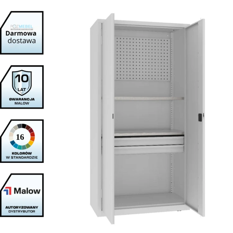 Szafa warsztatowa narzędziowa MSW210/5-18 Malow 1990x1000x500 mm – wysoka szafa metalowa z 2 półkami, blokiem 2 szuflad i ścianką narzędziową z darmową dostawą