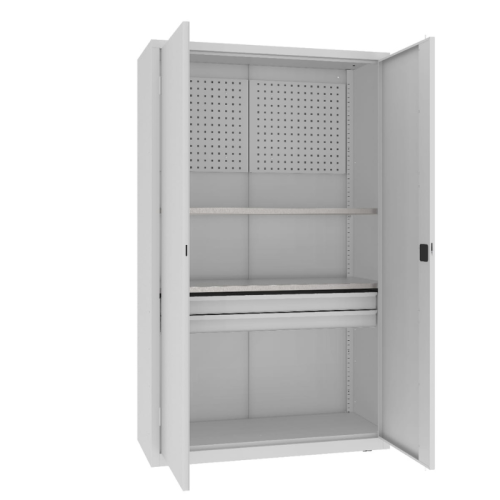 Otwarta szafa warsztatowa narzędziowa MSW212/5-18 Malow 1990x1200x500 mm – wysoka szeroka szafa metalowa z 2 półkami, blokiem 2 szuflad i ścianką narzędziową z darmową dostawą