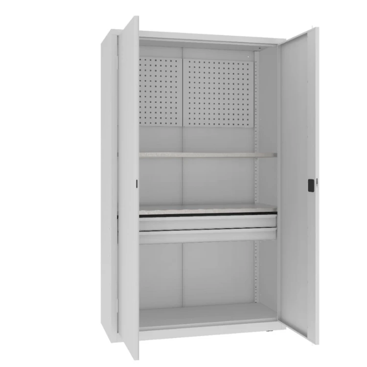 Otwarta szafa warsztatowa narzędziowa MSW212/5-18 Malow 1990x1200x500 mm – wysoka szeroka szafa metalowa z 2 półkami, blokiem 2 szuflad i ścianką narzędziową z darmową dostawą