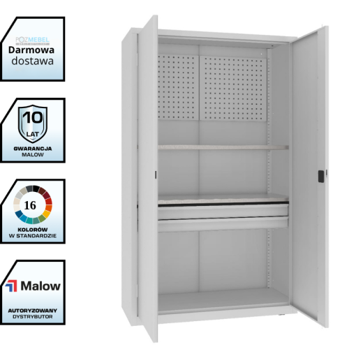 Szafa warsztatowa narzędziowa MSW212/5-18 Malow 1990x1200x500 mm – wysoka szeroka szafa metalowa z 2 półkami, blokiem 2 szuflad i ścianką narzędziową z darmową dostawą
