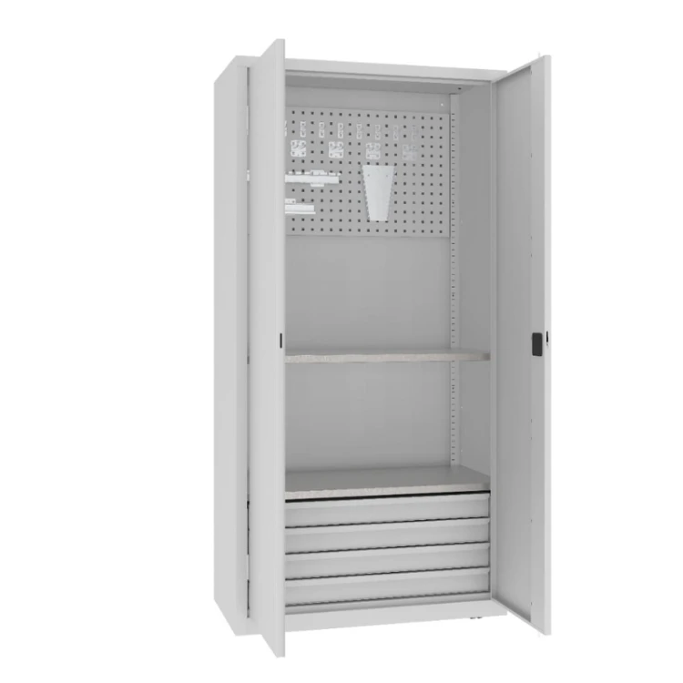 Otwarta szafa warsztatowa narzędziowa MSW210/5-17 Malow 1990x1000x500 mm – wysoka szafa metalowa z 4 szufladami, półkami i uchwytami narzędziowymi z darmową dostawą