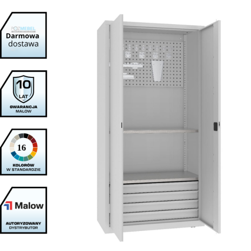 Szafa warsztatowa narzędziowa MSW210/5-17 Malow 1990x1000x500 mm – wysoka szafa metalowa z 4 szufladami, półkami i uchwytami narzędziowymi z darmową dostawą