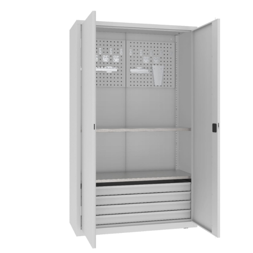 Otwarta szafa warsztatowa narzędziowa MSW212/5-17 Malow 1990x1200x500 mm – wysoka szeroka szafa metalowa z 4 szufladami, półkami i uchwytami narzędziowymi z darmową dostawą
